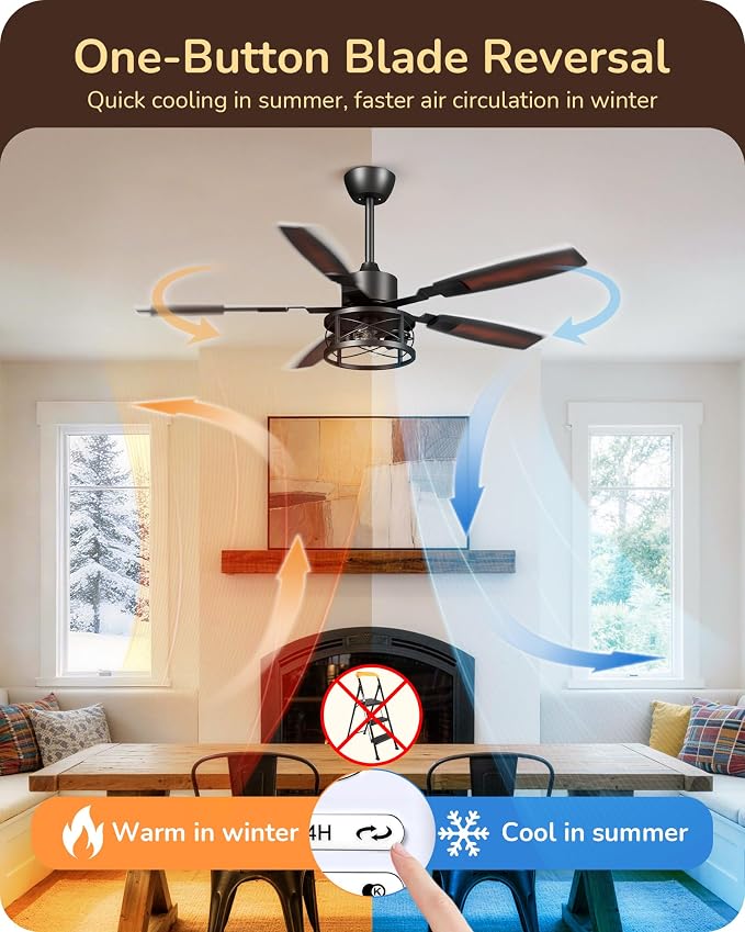EDISHINE 52" Farmhouse Ceiling Fans with Lights and Remote, 10%-100% Dimmable, Reversible DC Motor, 6 Speed, 5 Wooden Blades, Timer, Rustic Caged Fandelier Ceiling Fan for Living Room, Bedroom