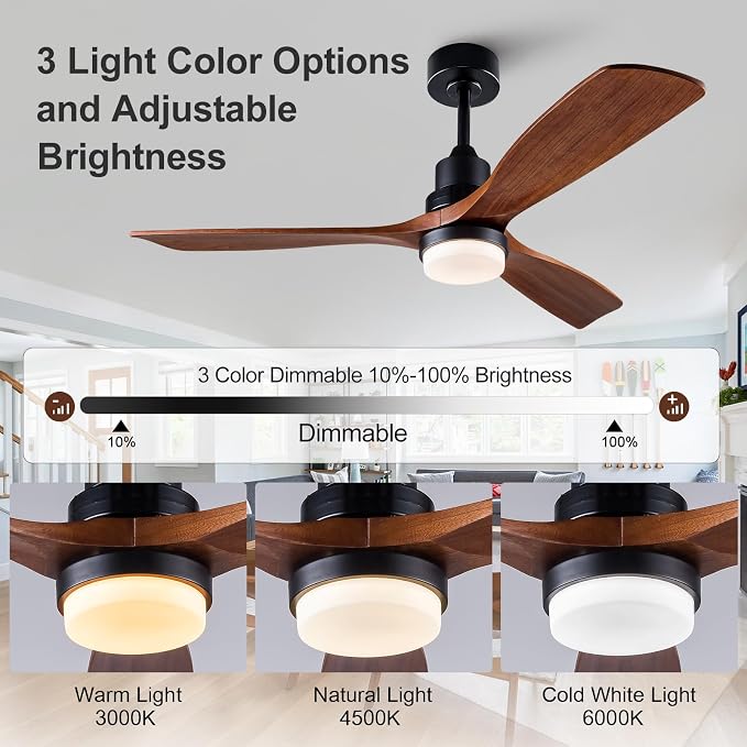 52 Inch Outdoor Ceiling Fans with Lights and Remote Control, Dimmable Outdoor Ceiling Fans for Patios 3 Blade Wood Black Walnut Bedroom Ceiling Fan with Light, Wall Switch