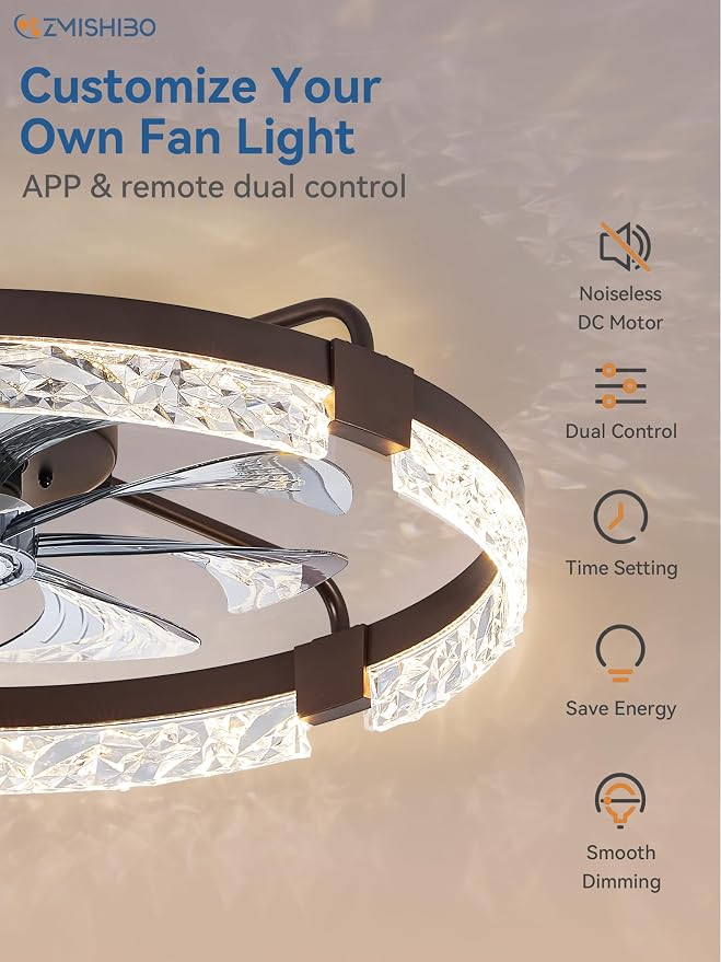 ZMISHIBO 24 Inch Flush Mount Ceiling Fan with Light, Bladeless | Low Profile Enclosed, 6 Speeds Reversible DC Motor, 3CCT Dimmable, Smart App Control, For Bedroom Kids Room