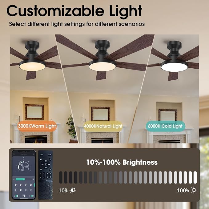 Ceiling Fans with Lights, 52 inch Low Profile Ceiling Fan with Light, Remote/App Control, Flush Mount Black Ceiling Fan for Bedroom, Indoor/Outdoor (Dark Wood)