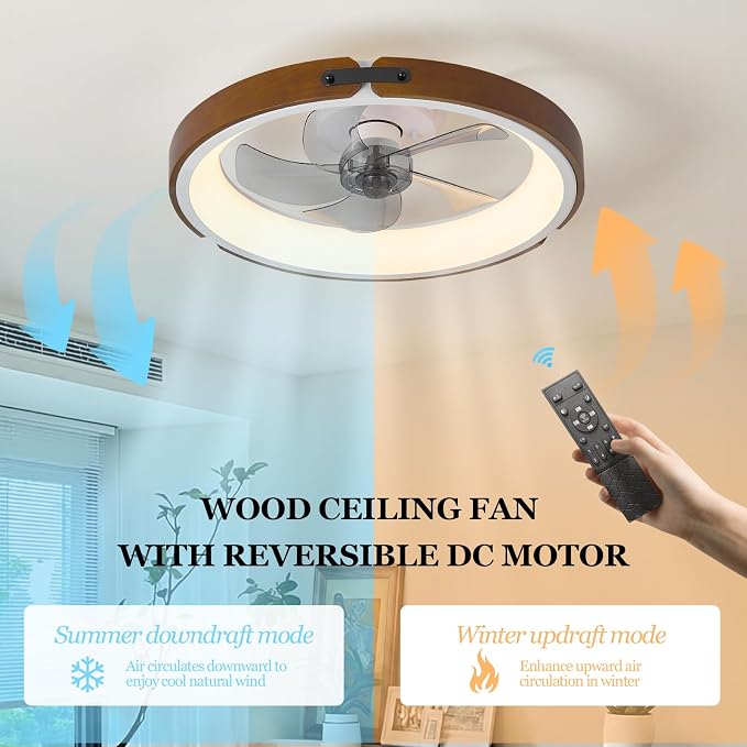 Ceiling Fans with Lights,20 Inches Low Profile Ceiling Fan with Light and Remote/APP Control,3500-6500K Dimmable LED Timing and 6 Speeds Semi Flush Mount Wood Bedroom Lighting