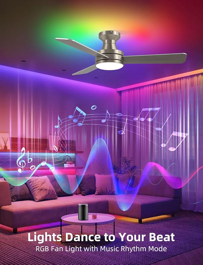 42" RGB Ceiling Fan with Light, Music Sync Smart Fan Works with Alexa/Google Assistant/App, Low Profile Flush Mount, 6-Speed Quiet DC Motor, 4 CCT Dimmable Lighting for Bedroom Living Room
