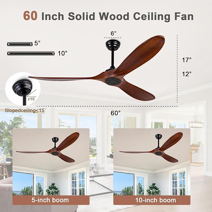 60" Ceiling Fan [No Light with Remote Control], Indoor Outdoor Ceiling Fan [with 3 Wooden Blades] for Patio, Living Room, Bedroom, Office, Farmhouse. Black + Walnut Color.