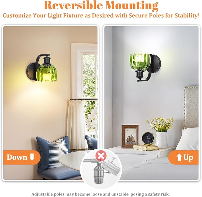 VerRon Rechargeable Battery Operated Wall Sconce Set of Two with Green Glass Lampshade, Wireless Wall Scone Decor with Remote Control, 15 Colors Black Wall Light for Bedside Hallway Bedroom Doorway