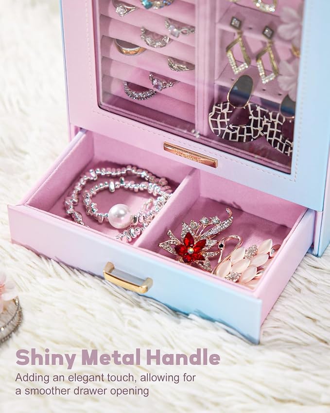 Homde Display Jewelry Box for Girls: Starter Organizer with Clear Window | Vertical Drawers for Earrings Rings Necklaces - Compact Footprint Fits Small Vanities - Birthday&Graduation Gift for Teens