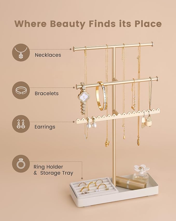 Lolalet 3-Tier Jewelry Organizer Stand, Metal Jewellery Holder, Dresser Display Rack for Necklace Earring Bracelets Rings, Gift for Women Girls -Gold