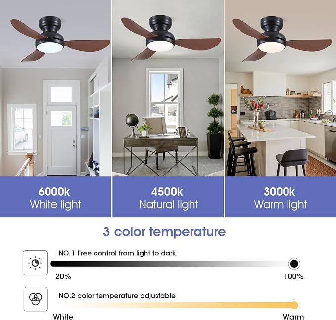 Kviflon 36 Inch Ceiling Fans with Lights, Small Flush Mount Ceiling Fan, Remote/APP Control, 3 Reversible Curved Blades, 6 Speeds, 3 CCT Dimmable Lights for Bedroom Kids Room, Brown