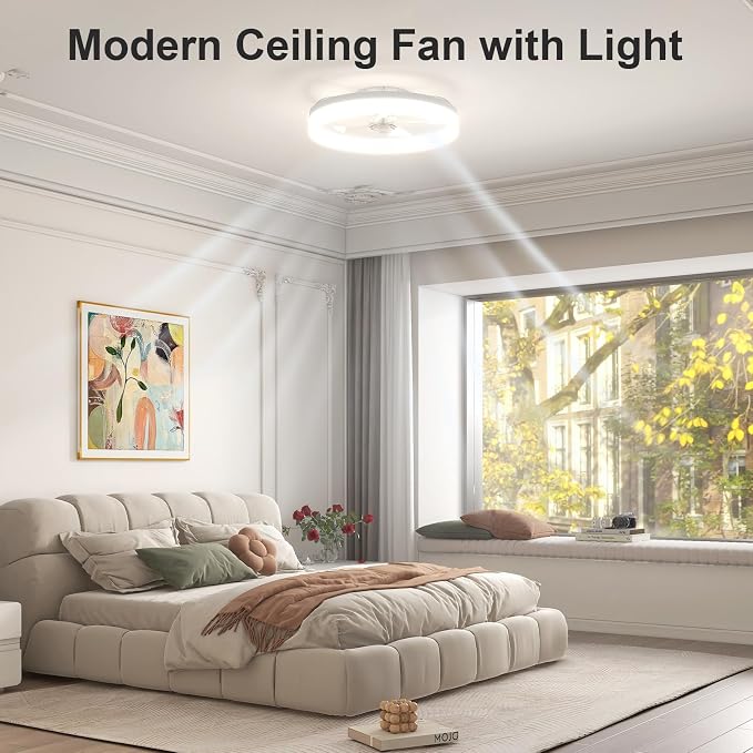VOLISUN Low Profile Ceiling Fans with Lights and Remote, 19.7in Fandelier Ceiling Fan with Light, 3000K-6500K Dimmable Bladeless LED Fan Light, White Flush Mount Ceiling Fans with Lights for Bedroom