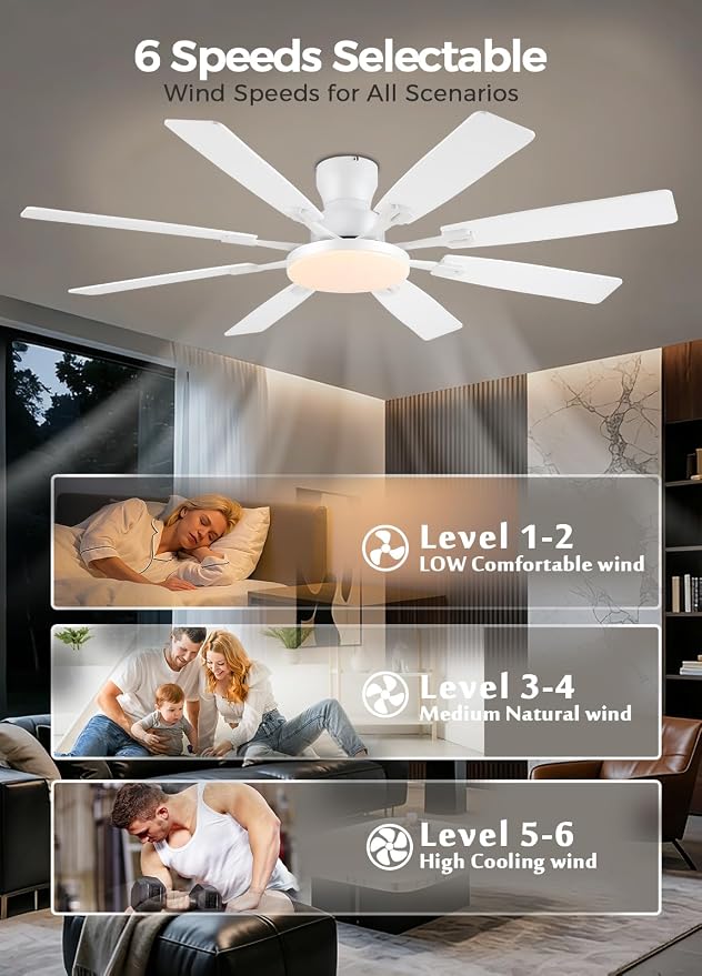 JSAITEE 60Inch Ceiling Fan with Lights Low Profile Flush Mount Woodgrain | Ceiling Fans,DC Reversible Motor Noiseless, 3CCT Dimmable, Dual Finish, 6 Speeds Ceiling Fan for Indoor/Outdoor
