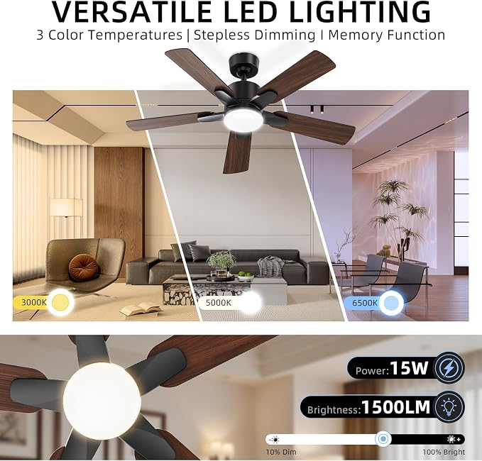 52 Inch Ceiling Fans with Lights, Large Ceiling fan with Light and Remote/APP Control, Quick Installation, 3CCT, Dimmable, Noiseless Reversible Motor, 5 Blades Black Ceiling Fan for Outdoor Indoor