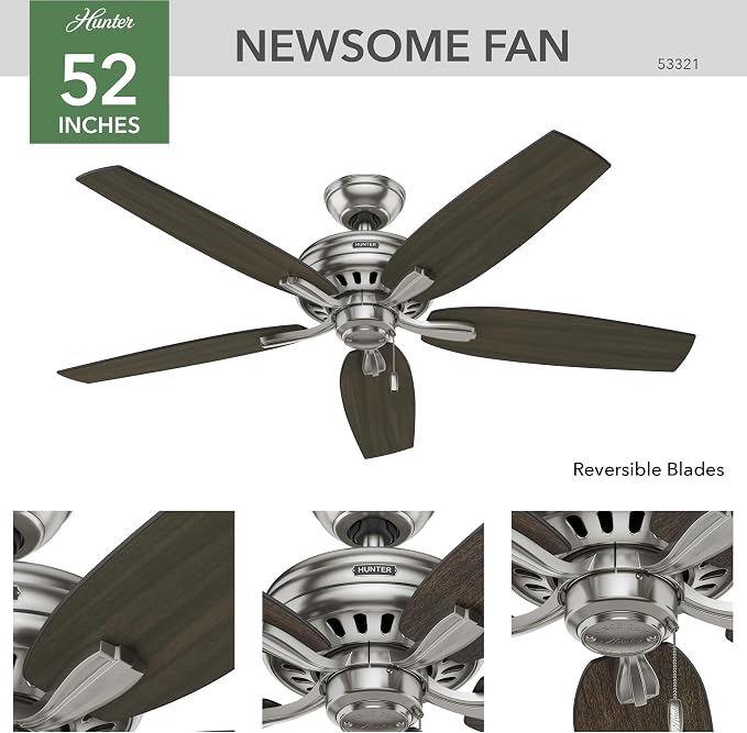 Hunter 52 inch Indoor Ceiling Fan No Light with Pull Chain - Ceiling Fan without Light, Standard Mount, 5 Blades, For Bedroom, Living Room, or Kitchen, Quiet - Newsome 53321, Brushed Nickel