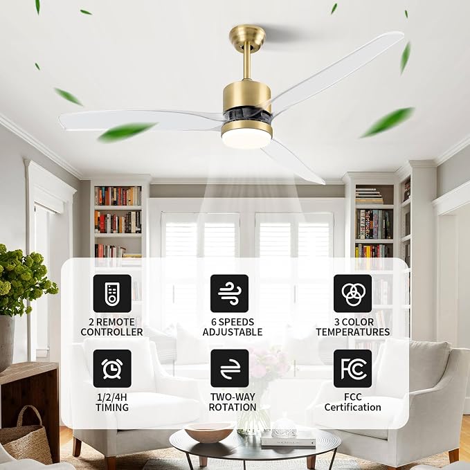 OKELI Clear Ceiling Fan with Light, 52 Inch Gold Transparent Ceiling Fans with Light and Remote 3 Reversible Blade LED Ceiling Fan and Light Combo for Living Room, Bedroom, Patio