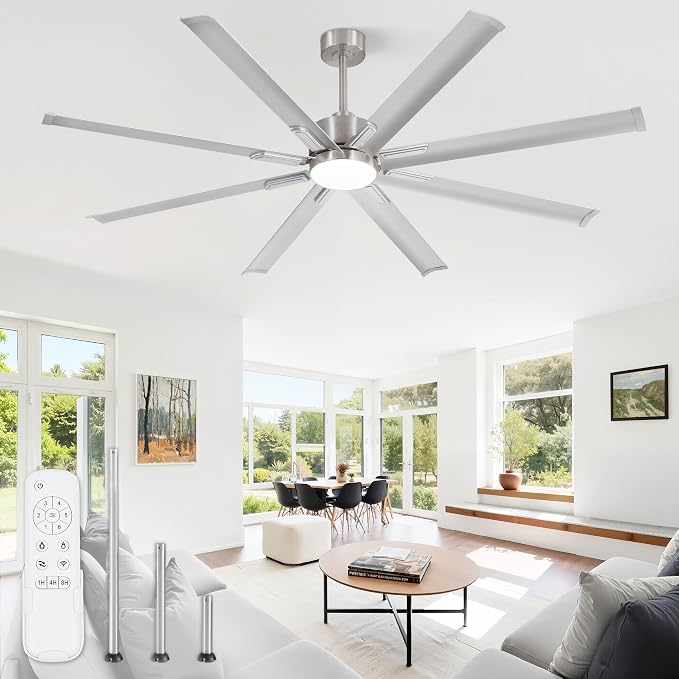 72" Industrial Ceiling Fans with Lights, Large Ceiling Fan with 3CCT, 8 Reverisble Aluminum Blades, Quiet DC Motor, 6-Speed Remote, Indoor/Outdoor Ceiling Fans for Patios/Garage/Porch, Nickel