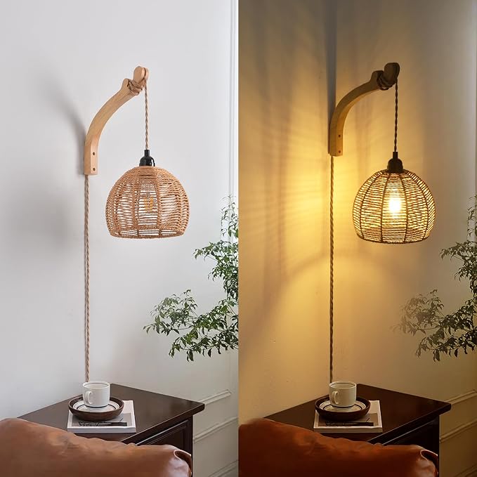 Plug in Wall Sconce,Farmhouse Wicker Wall Lamp Plug in,Hand Woven Rattan Wall Light Farmhouse Rustic Boho Sconces Wall Lighting for Living Room Bedroom