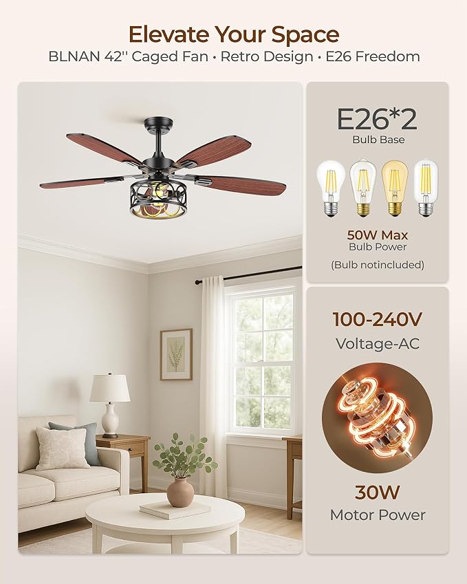 Ceiling Fans with Lights and Remote, 42'' Vintage Caged Ceiling Fan with Light, 5 Blades, 6+1 Speed, Flush Mount Ceiling Fan Whisper-quiet for Farmhouse, Living Room, Kitchen and Porch (42 Inch)