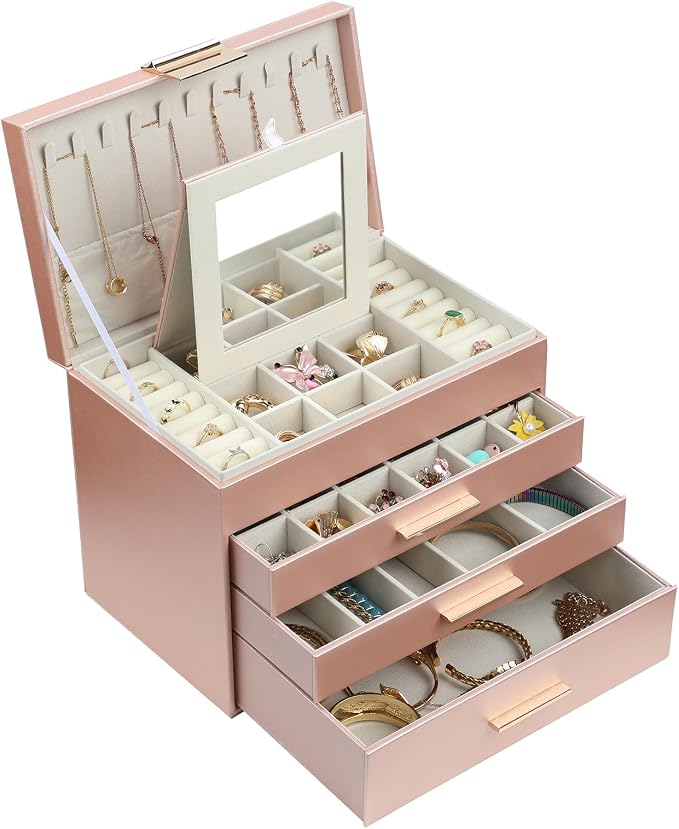 BOOVO Jewelry Boxes for Women, White and Black 6 Layer Large Jewelry Box for Necklace, Bracelet, Earrings, Rings Storage, Jewelry holder Organizer for Girls Gift (Rose Gold, 5 Layer)