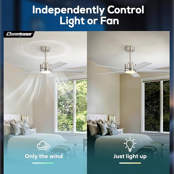 Conciseer 52 Inch Ceiling Fans with Lights and Remote for Bedroom Living Room Kitchen Office, Indoor/Outdoor Use, 3CCT Dimmable, 5 Blades 6 Speed Reversible Quiet DC Motor, Sand-nickel/Silver