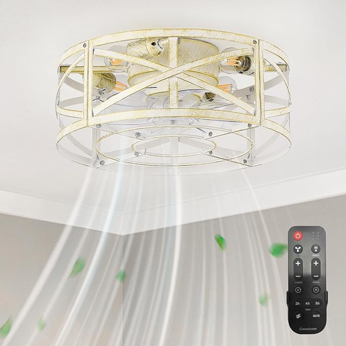Conciseer 16 Inch Caged Ceiling Fans with Lights and Remote, Flush Mount, Low Profile 7 Blades 6 Speed Reversible Quiet DC Motor for Bedroom, Kitchen and Living Room, White/Gold