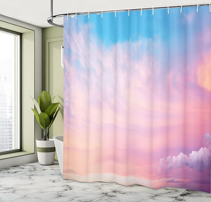 Ambesonne Clouds Shower Curtain, Mystic Sky with Fluffy Clouds Heavenly Inspirational Hope Pastel Colored Nature Theme, Cloth Fabric Bathroom Decor Set with Hooks, 69" W x 75" L, Navy Hot Pink