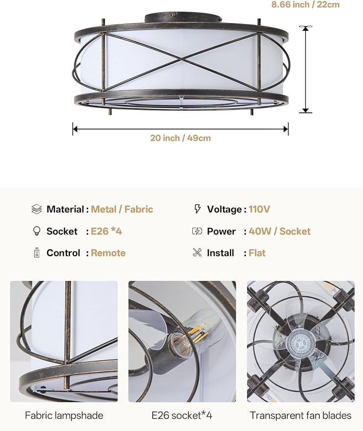 Black Flush Mount Farmhouse Ceiling Fan with Lights, 20" Caged Rustic Ceiling Fans with Light and Remote, Enclosed with 6 Speeds for Living Room, Bedroom, Nursery