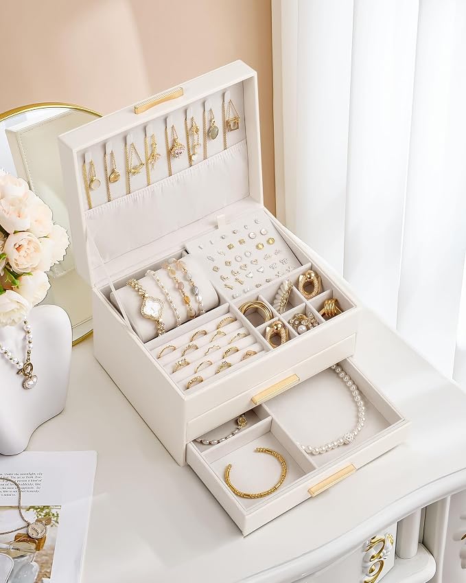 Lolalet 3-Layer Jewelry Box Organizer Holder for Women Girls Mom -Beige | Jewelry Storage Case with Drawers for Necklaces Ring Earrings Bracelet Watch, Gifts Choice for Mom Mother’s Day