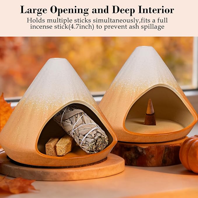 Incense Burner Holder for Palo Santo Sticks,Sage,Cone,Mountain-Inspired Handcrafted Ceramic Ash Catcher Smudge Bowl for Yoga Meditation Energy Cleansing Room Décor,Orange