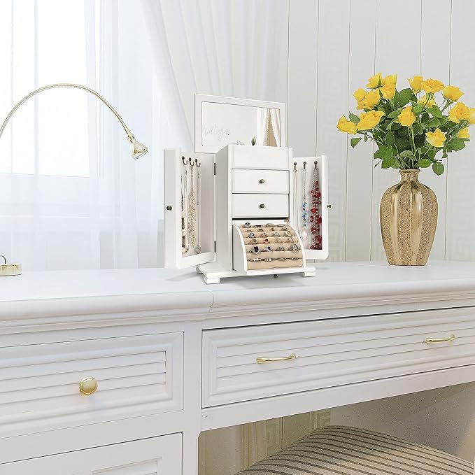 Emfogo Jewelry Box for Women, Rustic Wooden Jewelry Boxes & Organizers with Mirror, 4 Layer Jewelry Organizer Box Display for Rings Earrings Necklaces Bracelets (Weathered White)
