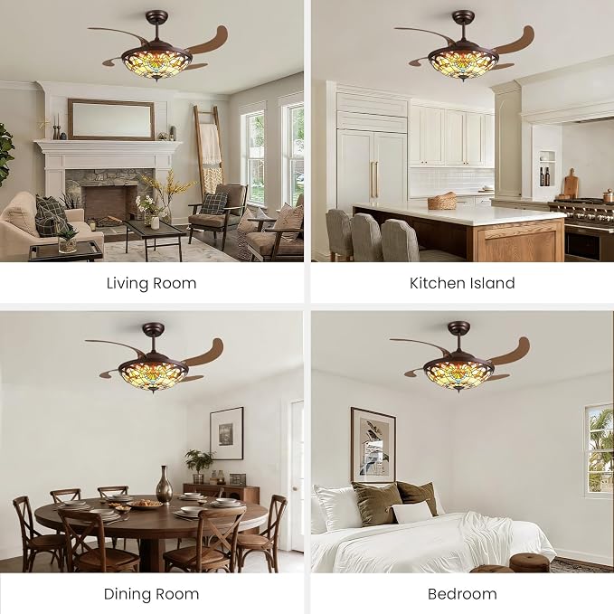52inch Ceiling Fan Tiffany Style Stained Glass Retractable Ceiling Fans with Remote & Dimmable Light 6-Speed Reversible Motor for Bedroom Dining Room Living Room Kitchen