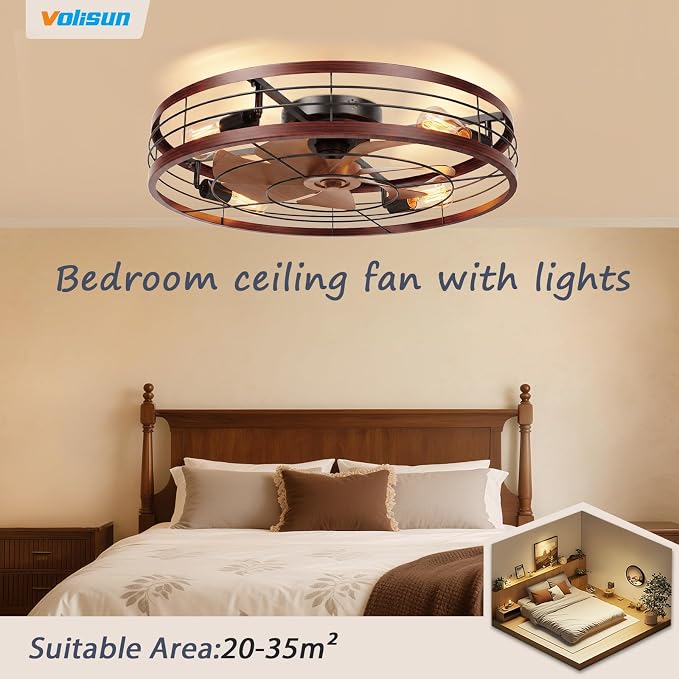 VOLISUN 27.6'' Caged Ceiling Fan with Light and Remote,Rustic Low Profile Ceiling Fan with Light Flush Mount, Farmhouse Bladeless Fandelier Ceiling Fans with Lights for Kitchen,Bedroom-Wood
