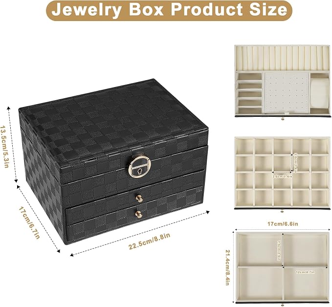 GUOER Jewelry Box for Women Girls, 3 Layers Large Jewelry Organizer(Checkered Black)
