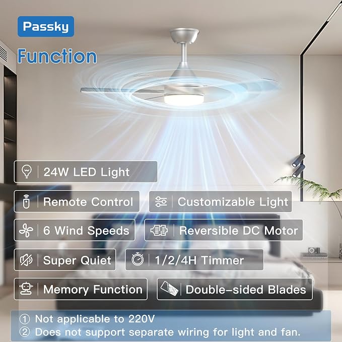 Passky Ceiling Fans with Lights, 42 inch Sleek Ceiling Fan with Light and Remote Control, 3CCT, Dimmable, Reversible, Noiseless, Silver Ceiling Fan for Bedroom, Living Room