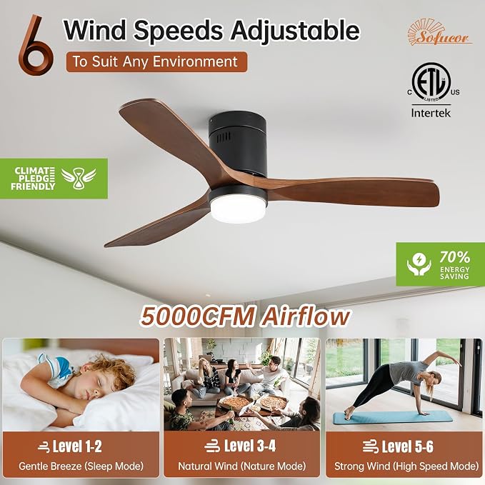 Sofucor 52 Inch Low Profile Ceiling Fans with Light, Modern Flush Mount Solid Wood Ceiling Fan with Airflow 5000CFM, Quiet DC Motor, 6 Speeds, Timer & Reversible for Living Room Bedroom, ETL, Walnut