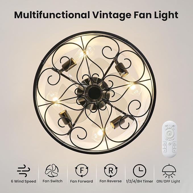 Farmhouse Caged Ceiling Fan Light: 18.9" Semi Flush Mount Ceiling Fan Lights Bladeless Fandelier with Remote/Timer/Reversible 6 Speeds/DC Motor Small Ventilador de Techo for Bedroom Living Room