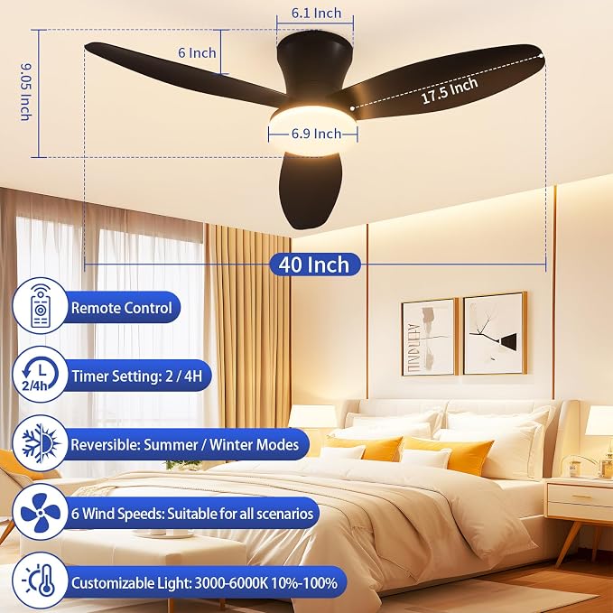 40 inch Ceiling Fan with Lights, Flush Mount with Remote Control | 3 Blades, 6 Speeds, Reversible Quiet DC Motor, Dimmable, 3000-6000K Adjustable, Timer, for Bedroom Dining Room Home Office