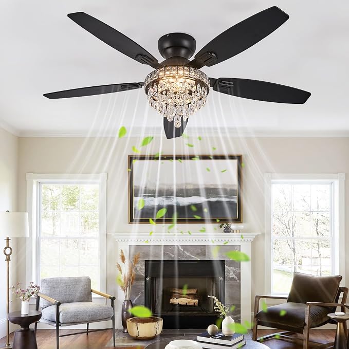 Crystal Ceiling Fan Fandelier with Lights-Ceiling Fans with Lights,54" Low Profile and Remote Control, Flush Mount, Reversible, Dimmable, Noiseless, Black Ceiling Fan for Bedroom