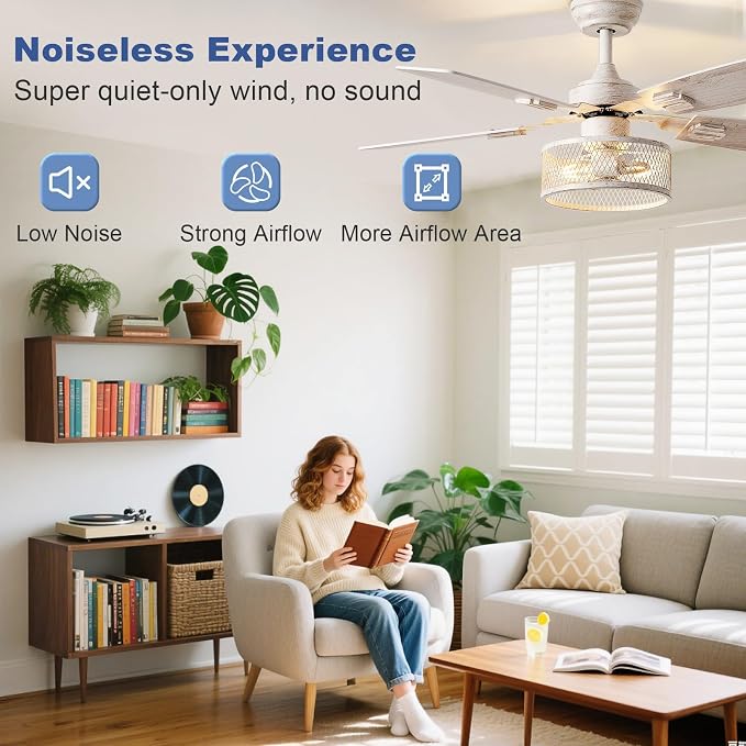 Depuley 42-Inch Ceiling Fans with Lights: Caged Ceiling Fans Dual Finish 5 Blades - Rustic Ceiling Fan with Remote Control for Farmhouse Living Room Outdoor Porch Noiseless (White Grey)
