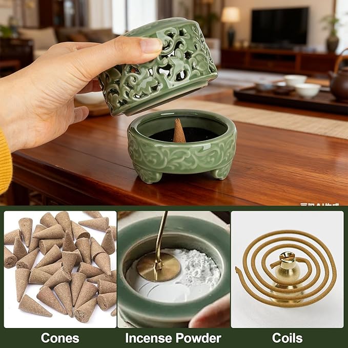 Incense Burner with Lid, Ceramic Incense Holder for Stick Cones & Coils Incense with Burn Cotton for Home, Office, Yoga (Xiangyun Incense Burner)