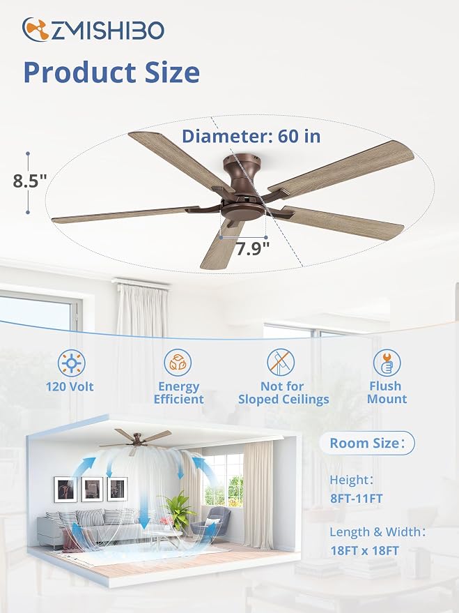 ZMISHIBO 60 Inch Ceiling Fan No Light, Flush Mount Low Profile, Farmhouse Brown Ceiling Fan Without Light, Remote Control & Quiet DC Motor, for Indoor&Outdoor, Bedroom, Living Room
