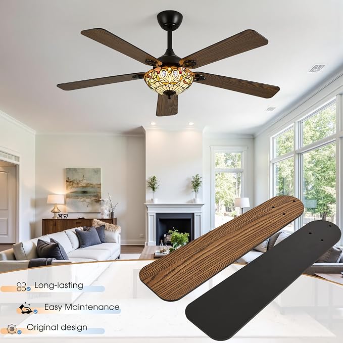 52" Tiffany Style Ceiling Fans with Lights, Vintage Chandelier Ceiling Fan with Stained Glass Shade, Dimmable LED, 6 Speeds Reversible for Bedroom (Gem Art)