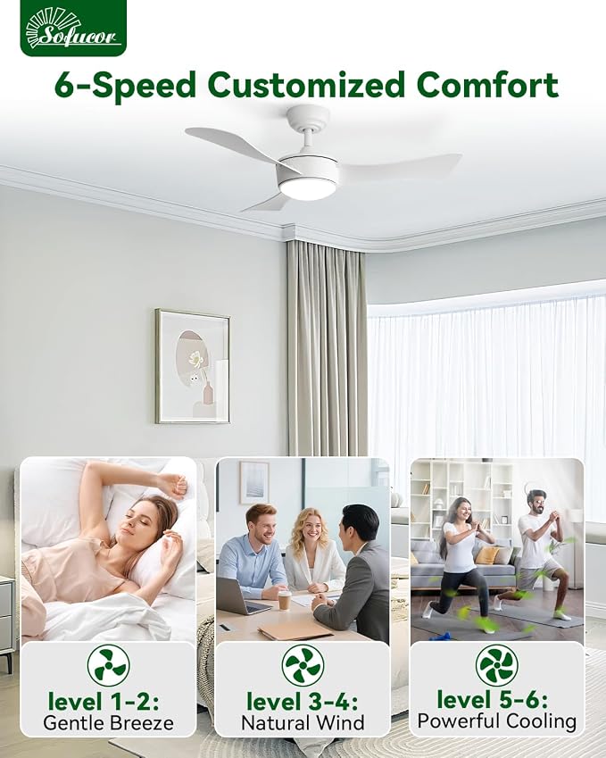 Sofucor 42 Inch Ceiling Fans with Lights-Modern White Bedroom Ceiling Fan with Remote, Plug-in Blades Quick Install, Reversible Quiet DC Motor, Outdoor Small Ceiling Fan for Kitchen/Living Room/Patios