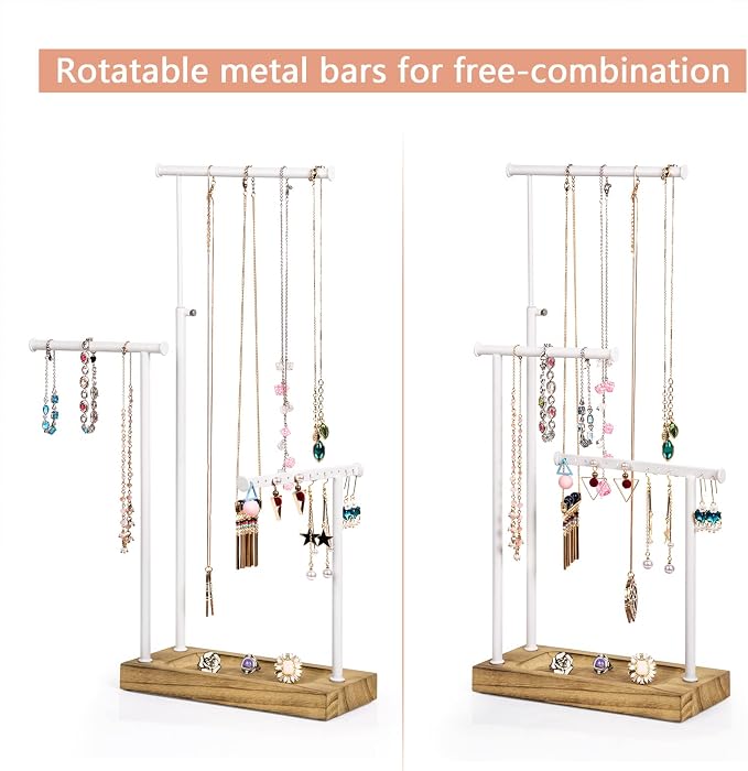 SRIWATANA Jewelry Organizer, Necklace Stand, Carbonized Black & White | 3-Tier Necklace Organizer with Wood Tray Base; Ample Storage for Long Necklaces, Earrings with Holes, and Rings