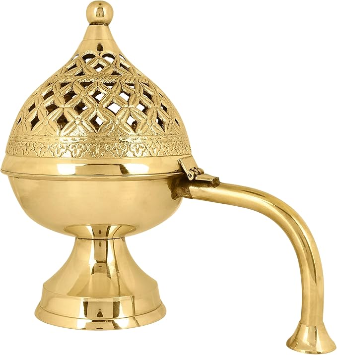 SATVIK 1 Pc Pure Brass Antique Incense Holder Dhuni Burner with Long Brass Handle Handheld Puja Dhuna Loban Burner Pooja Agarbatti Dhoop Pot Dhuni Stand Indian Housewarming Return Gift Items Bulk