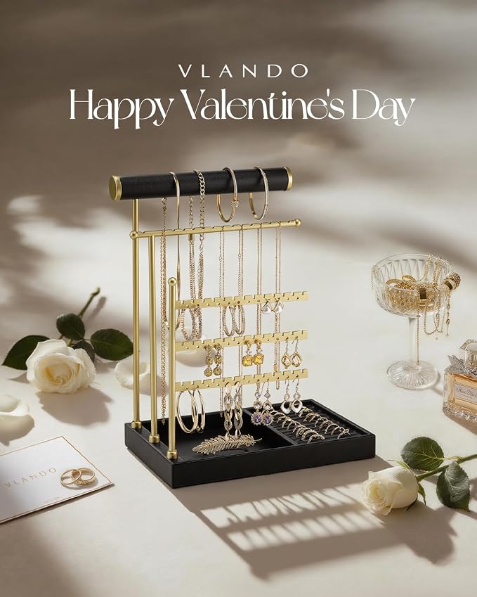 VLANDO Jewelry Stand Organizer with Ring Holder, Jewelry Holder Organizer with Tray, Necklace Bracket Earring Holder - Black