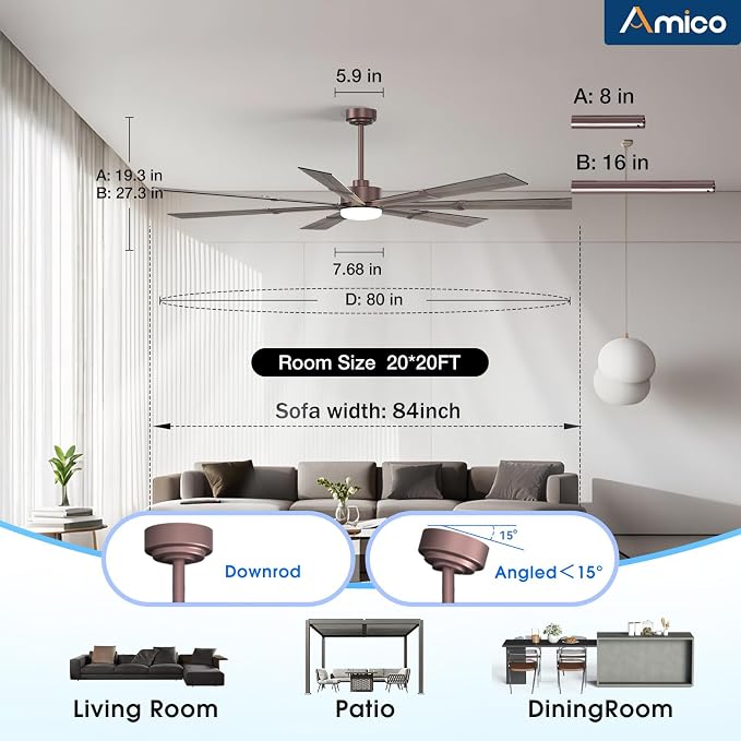 Amico 80 Inch Ceiling Fans with Lights and Remote, Indoor Outdoor Ceiling Fan for Patio Living Room, Kitchen, Quiet 6-Speed Reversible DC Motor, Dual-Sided Blades, Brown Farmhouse Dimmable & 3CCT