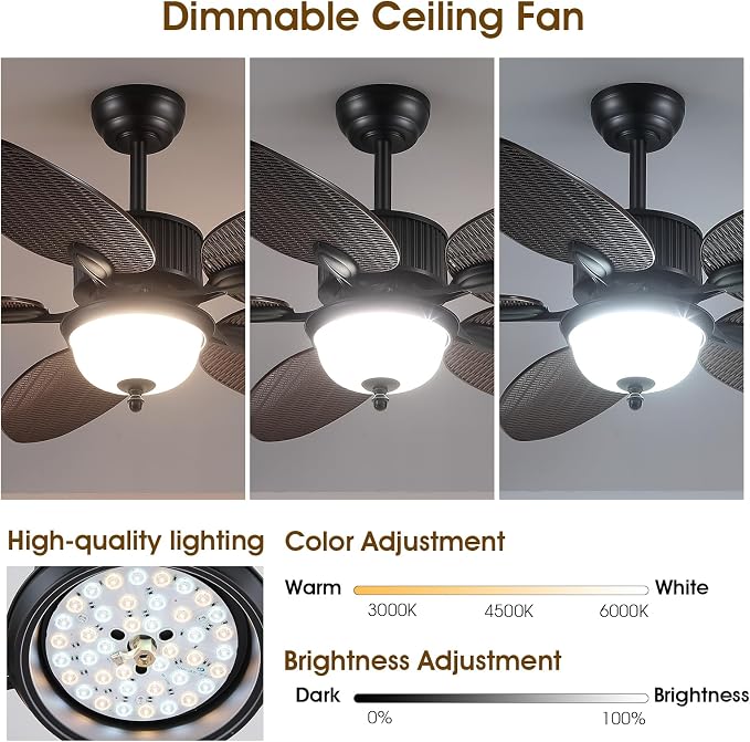 Wiviniya 50 Inch Tropical Ceiling Fans with Lights, Palm Leaf Waterproof Outdoor Ceiling Fan for Patios Porch, Remote/APP Control, Wet Rated, Glass Lampshade, Quiet DC Motor, Dimmable LED, Dark Brown