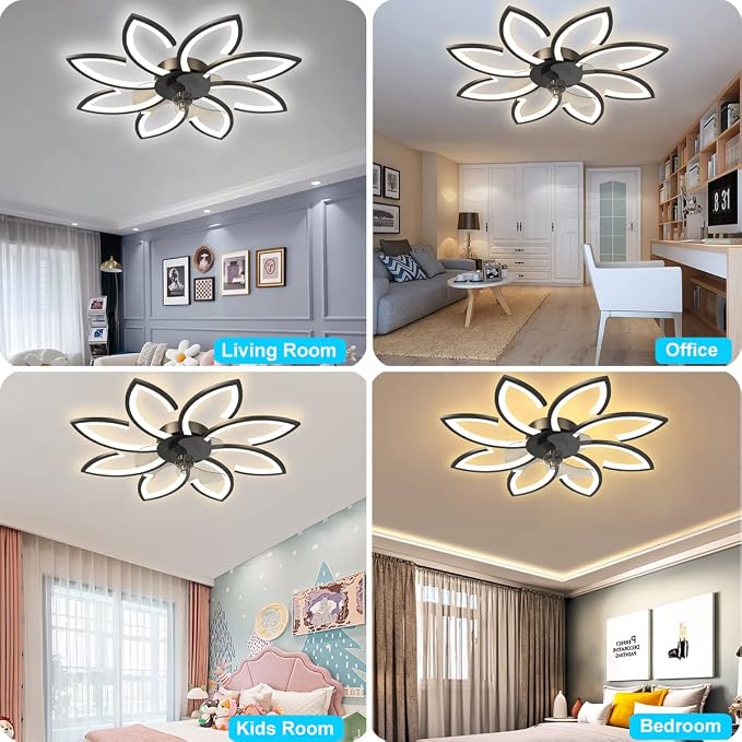 35'' Bladeless Ceiling Fan with Lights Remote Control, Modern Low Profile Ceiling Fans with Lights, Dimmable 3 Color 6 Speeds Flush Mount LED Ceiling Fan for Bedroom, Living Room - Black
