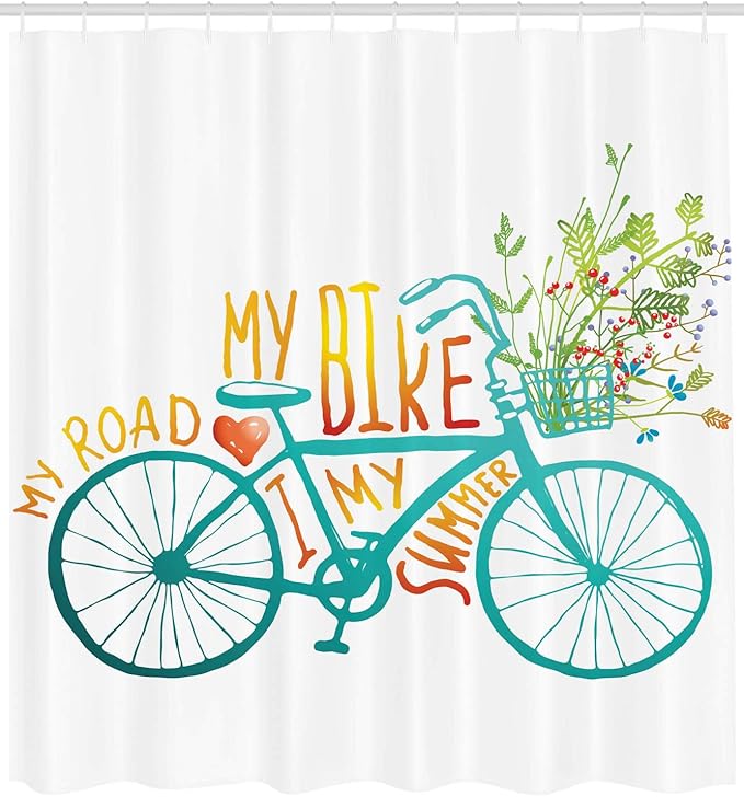Ambesonne Bicycle Shower Curtain, Vintage Summer Bike a Floral Bouquet Vehicle for Transport Illustration, Cloth Fabric Bathroom Decor Set with Hooks, 69" W x 70" L, Turquoise Yellow