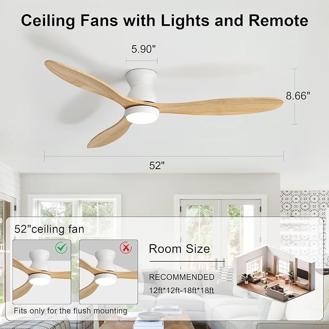 52 Inch Ceiling Fan with Light and Remote & APP Control, 3 Wooden Blades, 6 Wind Speeds, Quiet DC Motor, Indoor Low Profile Ceiling Fan for Bedroom Living Room Farmhouse Patio