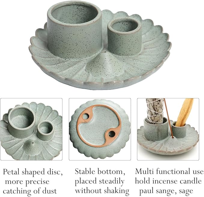 Sage and Palo Santo Candle Holder, Ceramic 4 in 1 Incense Burner Holder, Ash Catcher Tray for Home Office Meditatio Yoga Room (Art's Cyan)