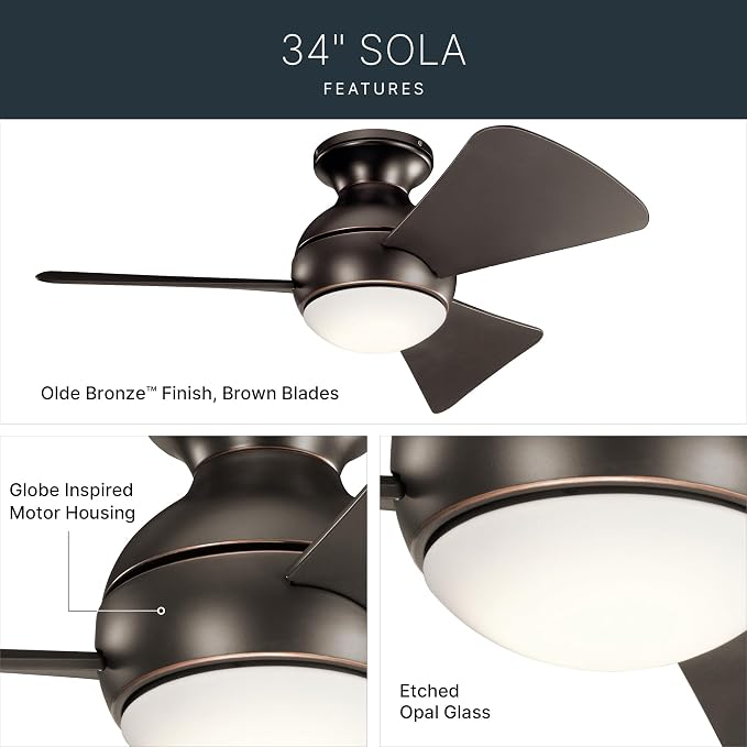Kichler 330150OZ 34 Inch Sola Ceiling Fan LED, 3 Speed Wall Control, Olde Bronze Finish with Olde Bronze Blades.